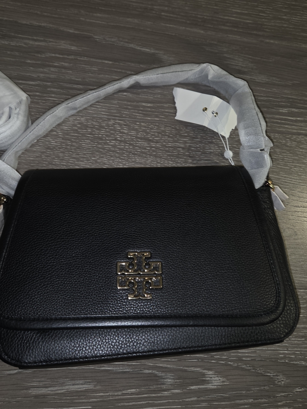 Tory Burch Black Pebbled Leather Crossbody with Gold Logo